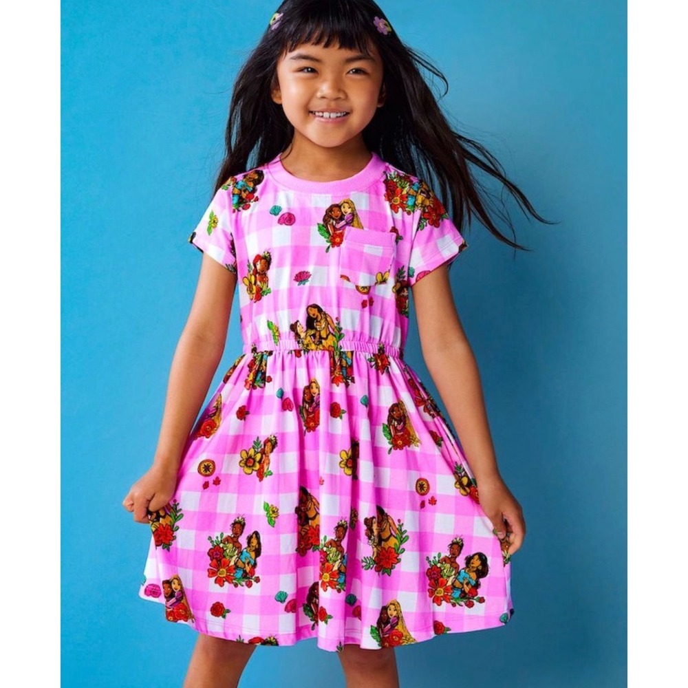 Disney Princess Pink Gingham Dress Kids 7/8 Moana Ariel Rapunzel Tiana Pockets